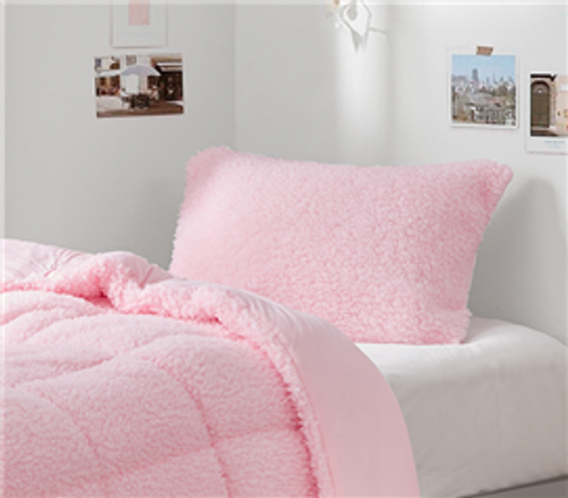 Pink Pillow Sham Designer Twin XL Dorm Essentials Cute Fluffy Sherpa Bedding Cover Dorm Supplies for College Freshmen