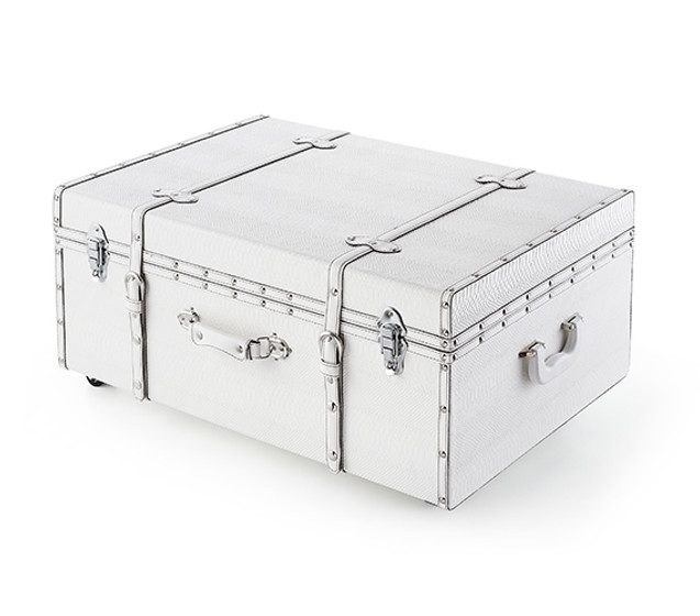 Space Saving Dorm Storage College Footlocker with Wheels White Snakeskin Designer Trunk Box