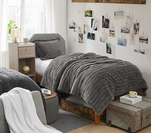 Gray Dorm Bedding Essentials Extra Long Twin Comforter Set Fluffy Faux Fur Blanket for College