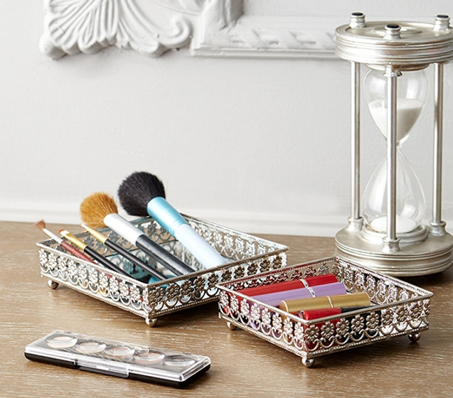 Cute Tray for Perfume Mirror Bottom Dorm Room Storage Ideas College Desk Organizer Set Silver