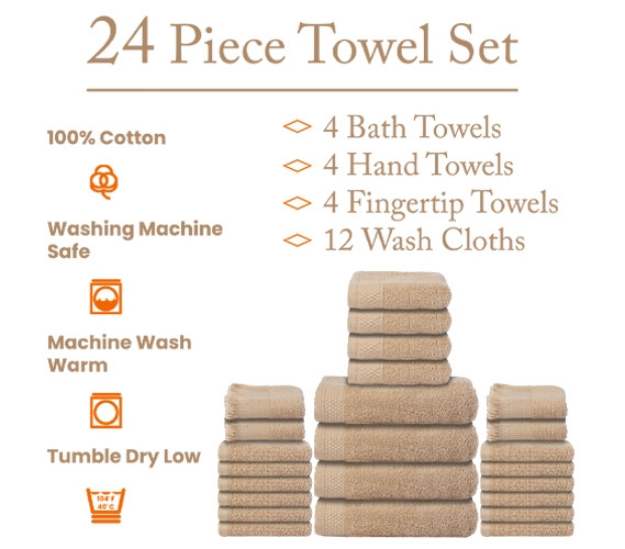 24 Piece Complete Beige Towel Set with Bath Sheet and Washcloths Dorm Bathroom Essentials
