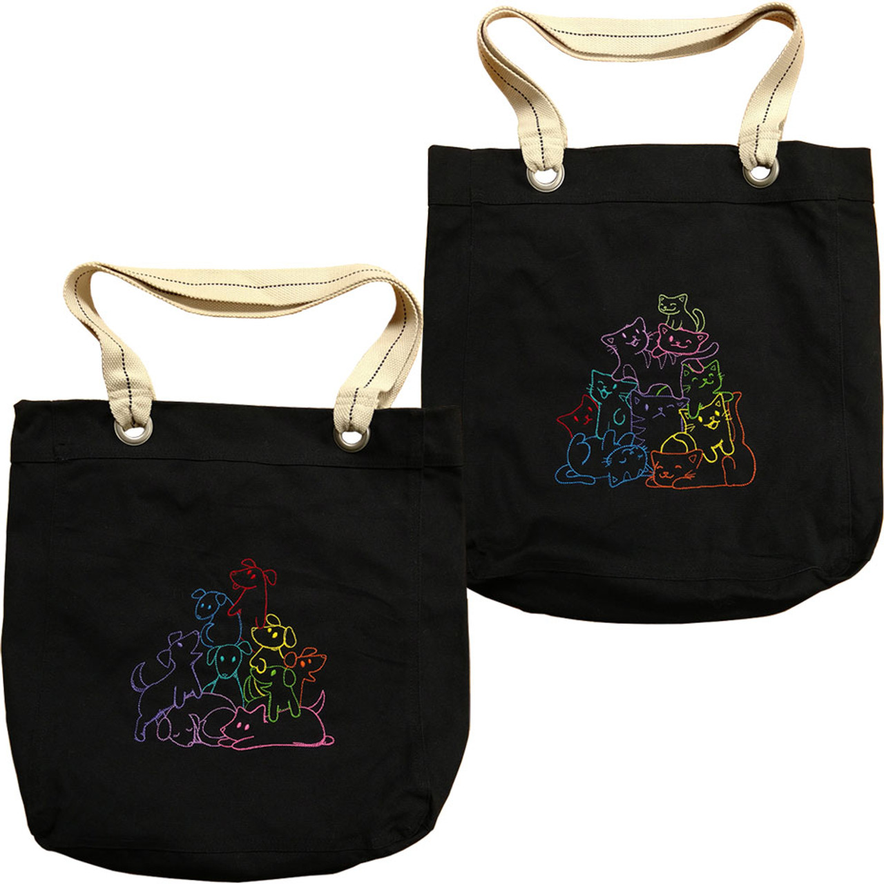 BirdDawg Embroidered Canvas Tote Bag With Colorful Pile of Pets Design