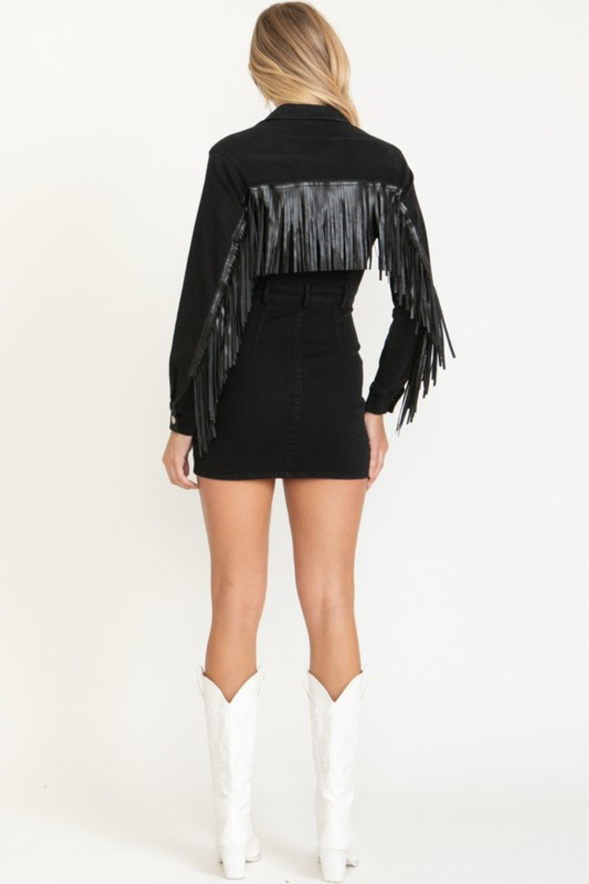 Blk denim fringe mini