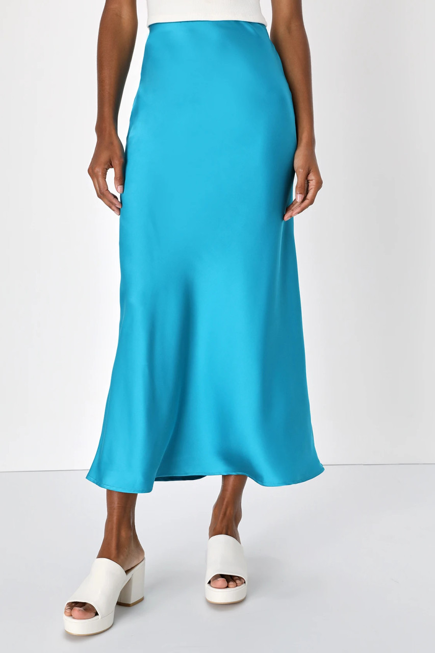 Blue Floral Satin Bias-Cut Midi Skirt - Riviera Blue, Botanic Glaze