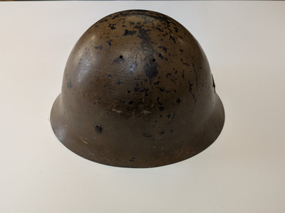 Japanese WW2 Helmet with Liner - Name and Battle Damage