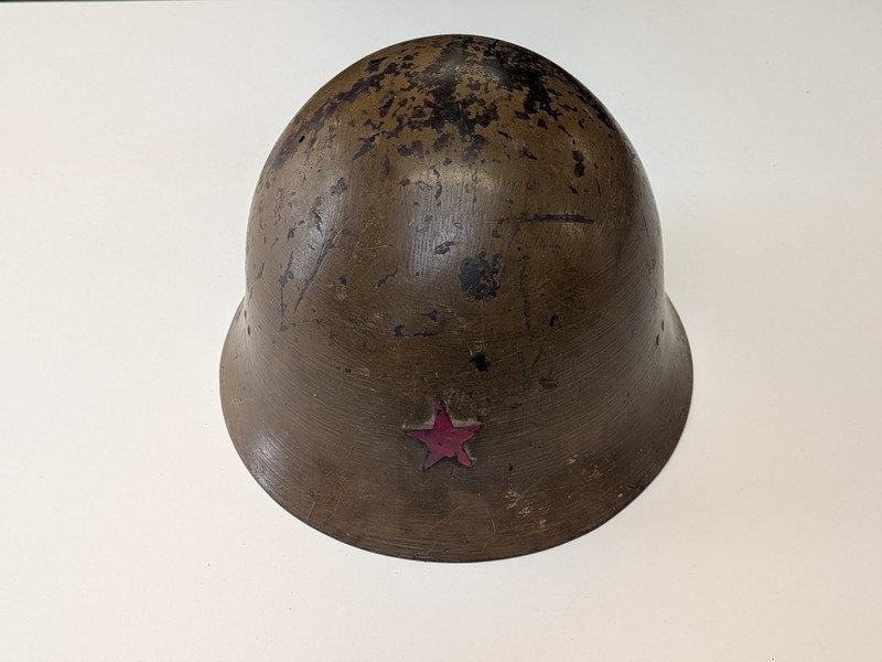 Japanese WW2 Helmet with Liner - Name and Battle Damage