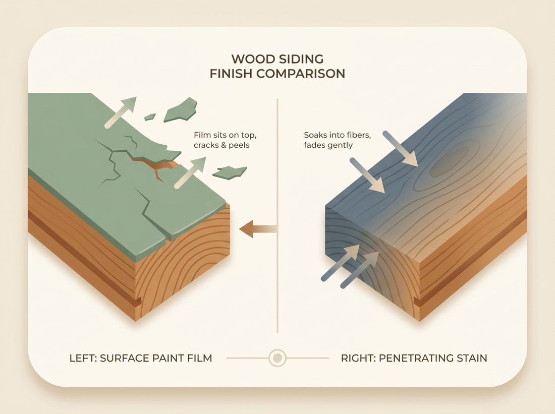 Cross-section: paint sits as a film on top and peels; stain penetrates and fades