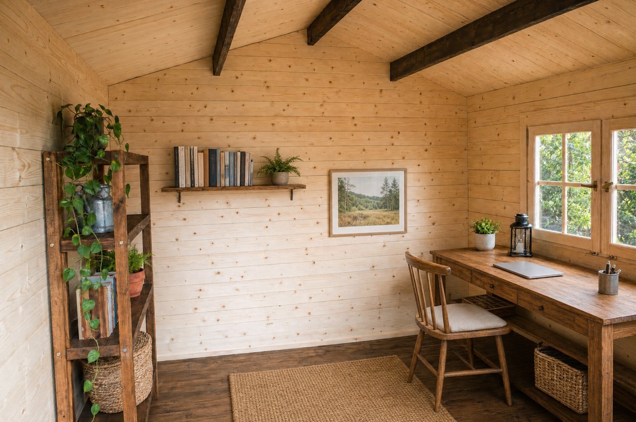Bright interior of an actual SolidBuild shed: pale spruce plank walls, beamed ceiling and wood floor