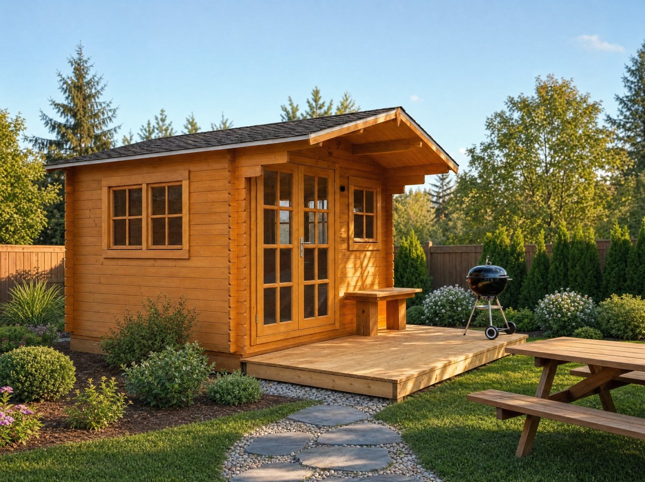 An actual SolidBuild Norway spruce shed shown in a natural wood stain