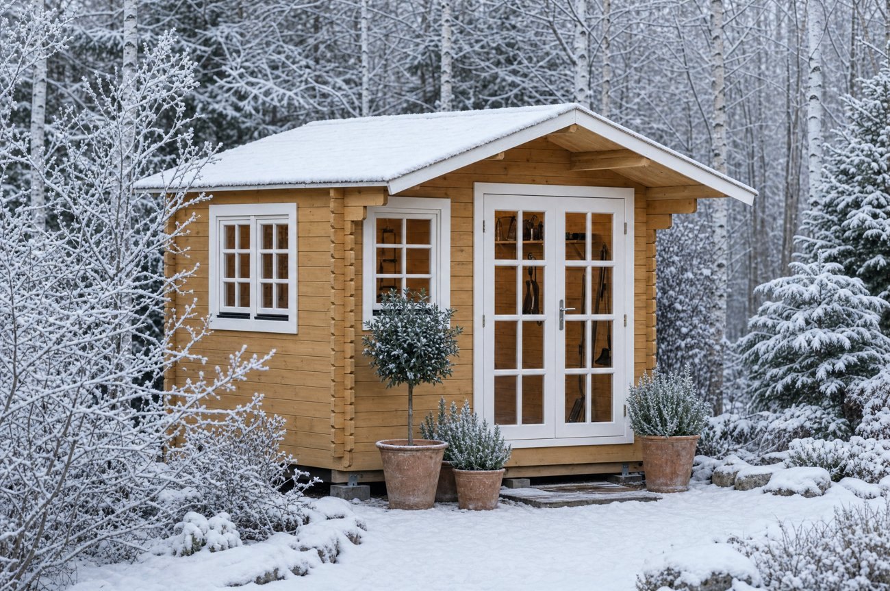 Actual SolidBuild shed in a natural stain in a northern birch forest