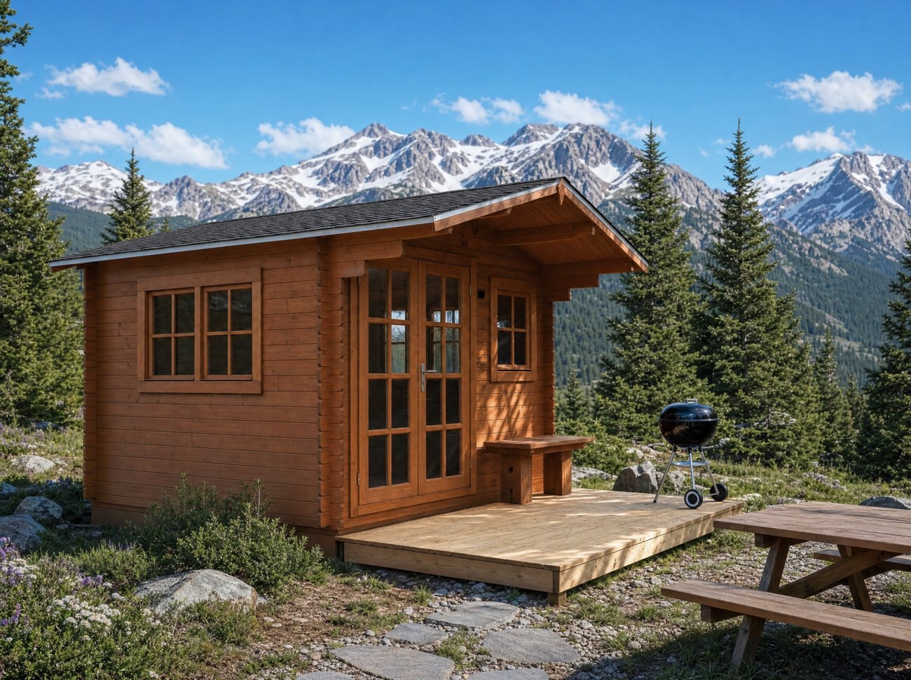 Actual SolidBuild shed in a cedar-toned stain against snow-capped peaks