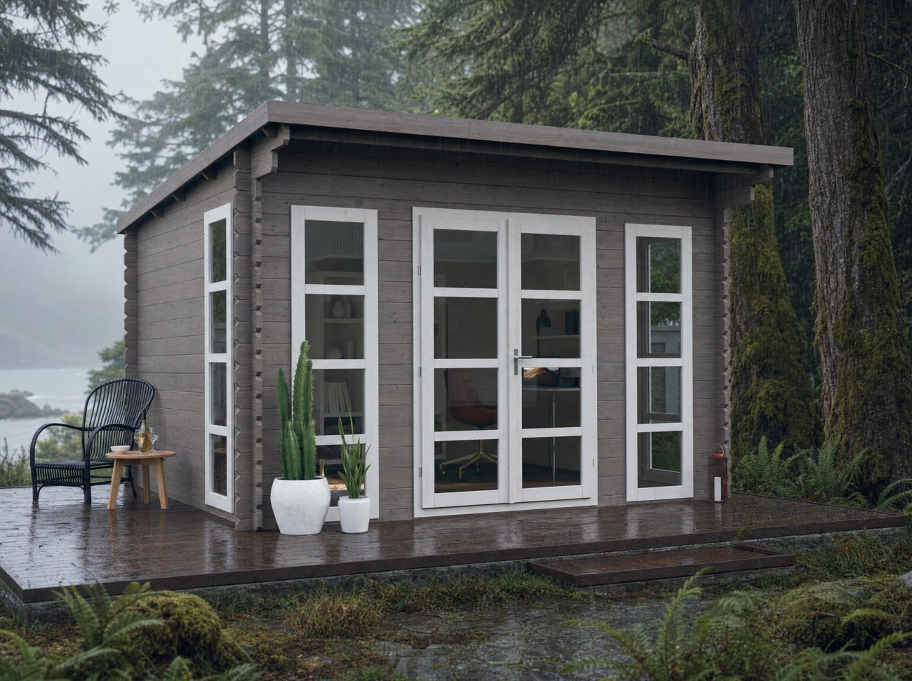 Actual SolidBuild shed in a dark finish in a damp Pacific Northwest forest