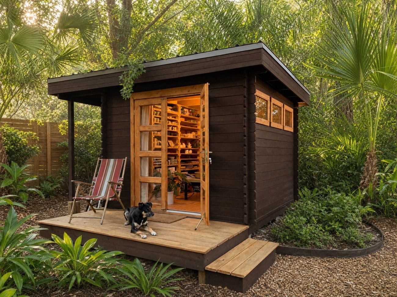 Actual SolidBuild shed in a rich brown stain, lush humid garden