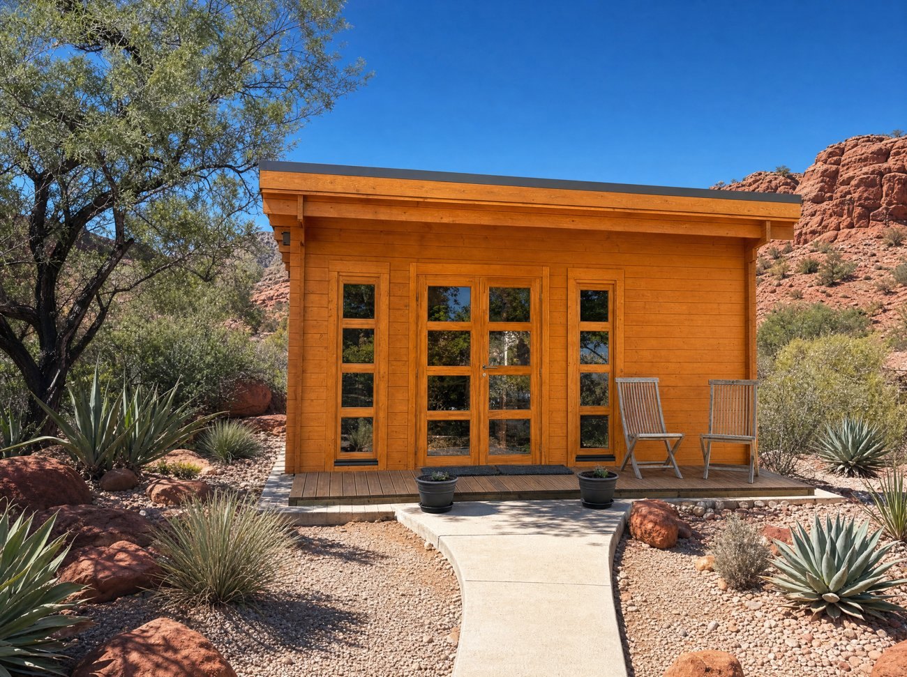 Actual SolidBuild shed in a warm cedar stain under strong sun