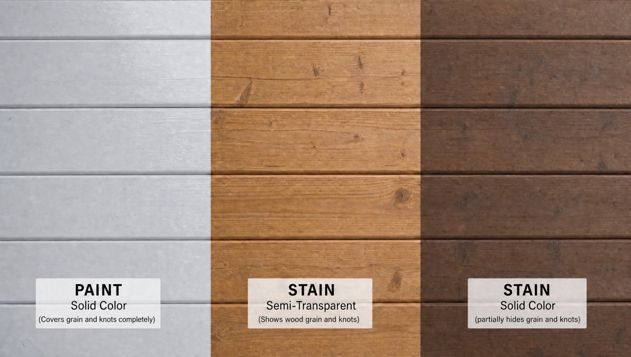 Real Norway spruce boards: paint covers grain and knots; semi-transparent stain shows them; solid stain partially hides them