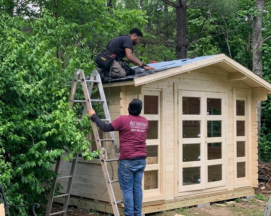 A roofer on a ladder laying shingles on a Bristhol shed