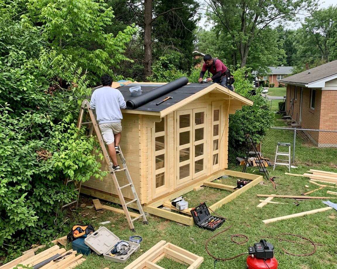Two people on a Bristhol shed roof rolling out roofing felt