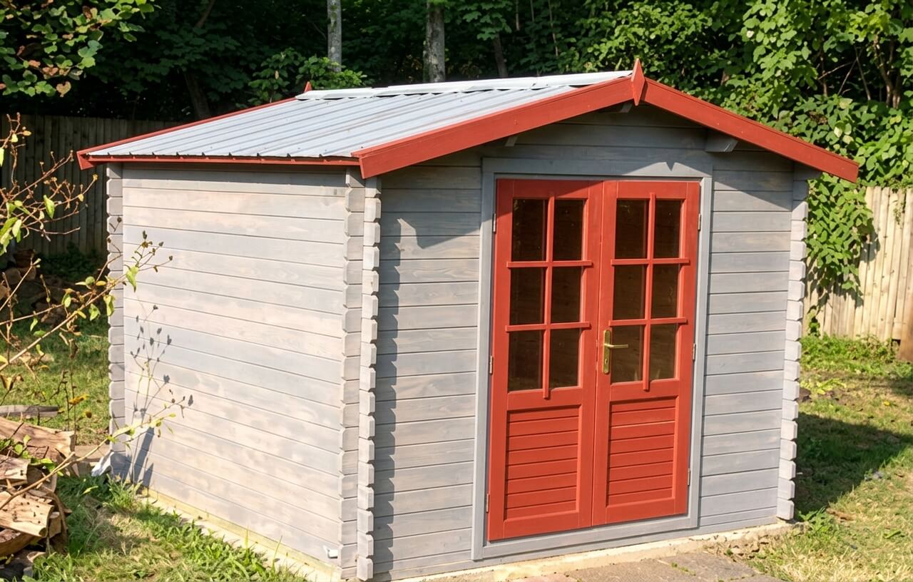 A grey Gardener shed with red doors and a red-trimmed metal roof