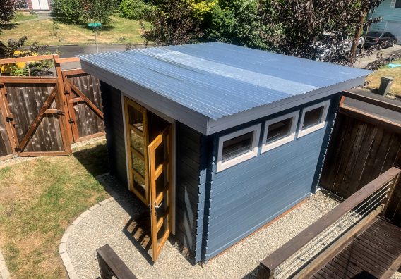 A blue Moderna shed with a grey metal roof in a fenced backyard