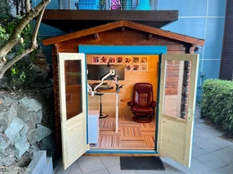 Small home office studio shed with open double door