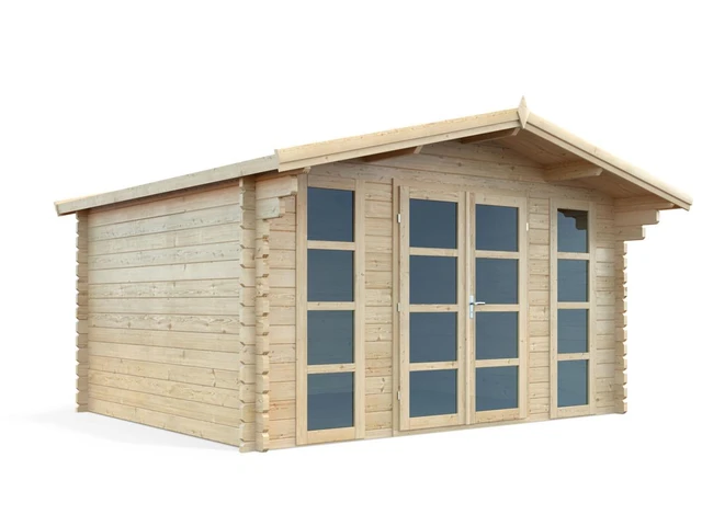 Bristhol 13×11 wood shed kit — pitched roof and glass double doors, product view on white