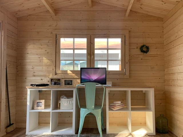 Home office inside an Aspen shed — a customer's photo