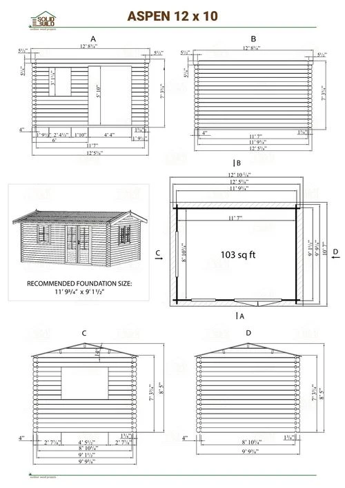 Cover sheet of the Aspen 12 x 10 garden shed | 103 sq ft blueprint: front and side elevations, plan view with the recommended foundation, roof and floor areas, and the diagonal squaring check.