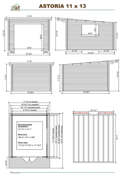 Cover sheet of the Astoria 11 x 13 modern shed | 117 sq ft blueprint: front and side elevations, plan view with the recommended foundation, roof and floor areas, and the diagonal squaring check.