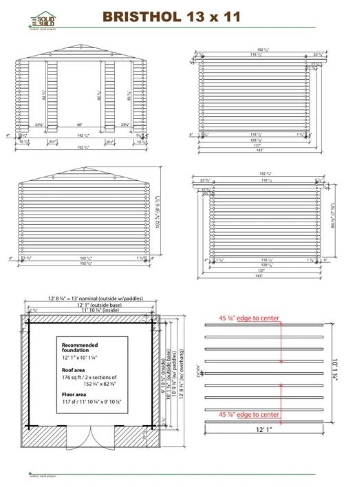 Cover sheet of the Bristhol 13 x 11 garden shed | 117 sq ft blueprint: front and side elevations, plan view with the recommended foundation, roof and floor areas, and the diagonal squaring check.