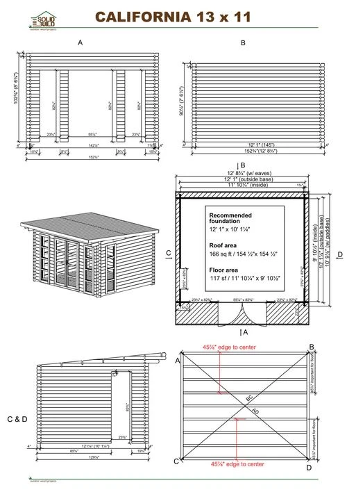 Cover sheet of the California 13 x 11 modern shed | 117 sq ft blueprint: front and side elevations, plan view with the recommended foundation, roof and floor areas, and the diagonal squaring check.