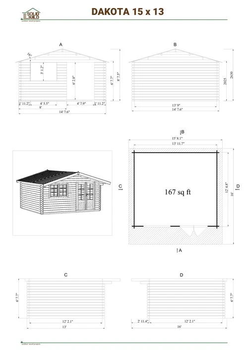 Cover sheet of the Dakota 15' x 13' small cabin | 168 sq ft | Made-To-Order blueprint: front and side elevations, plan view with the recommended foundation, roof and floor areas, and the diagonal squaring check.