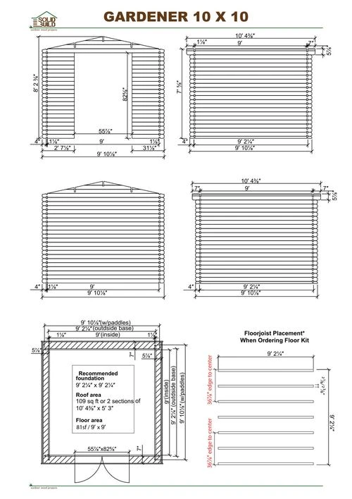 Cover sheet of the Gardener 10 x 10 storage shed | 81 sq ft blueprint: front and side elevations, plan view with the recommended foundation, roof and floor areas, and the diagonal squaring check.