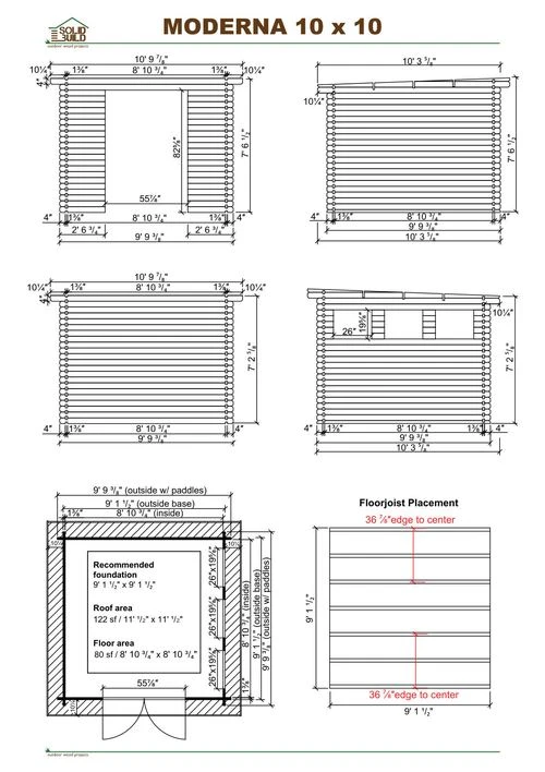 Cover sheet of the Moderna 10 x 10 modern shed kit | 80 sq ft blueprint: front and side elevations, plan view with the recommended foundation, roof and floor areas, and the diagonal squaring check.