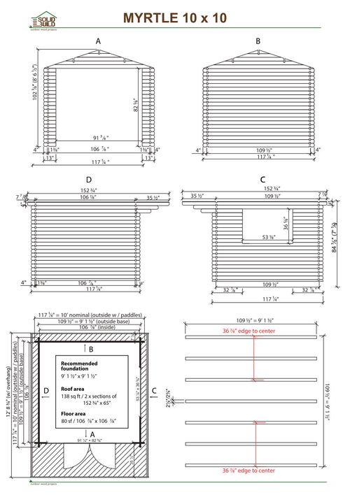 Cover sheet of the Myrtle 10 x 10 garden shed | 80 sq ft blueprint: front and side elevations, plan view with the recommended foundation, roof and floor areas, and the diagonal squaring check.