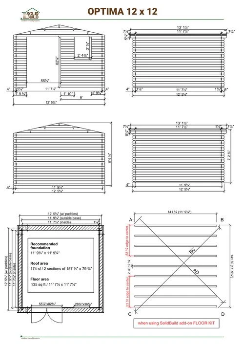 Cover sheet of the Optima 12 x 12 storage shed | 136 sq ft blueprint: front and side elevations, plan view with the recommended foundation, roof and floor areas, and the diagonal squaring check.