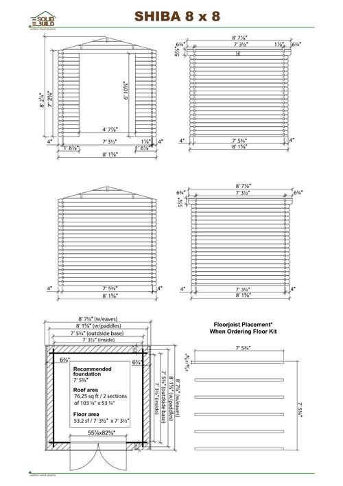Cover sheet of the Shiba 8 x 8 storage shed | 54 sq ft blueprint: front and side elevations, plan view with the recommended foundation, roof and floor areas, and the diagonal squaring check.
