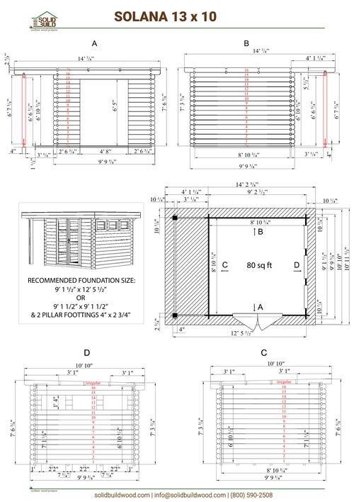 Cover sheet of the Solana 13 x 10 modern shed | 80 sq ft + 40 sq ft blueprint: front and side elevations, plan view with the recommended foundation, roof and floor areas, and the diagonal squaring check.