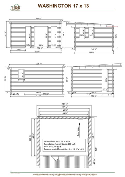 Cover sheet of the Washington 17 x 13 modern shed | 200 sq ft blueprint: front and side elevations, plan view with the recommended foundation, roof and floor areas, and the diagonal squaring check.