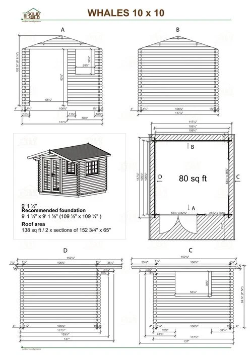Cover sheet of the Whales 10 x 10 garden shed | 80 sq ft blueprint: front and side elevations, plan view with the recommended foundation, roof and floor areas, and the diagonal squaring check.