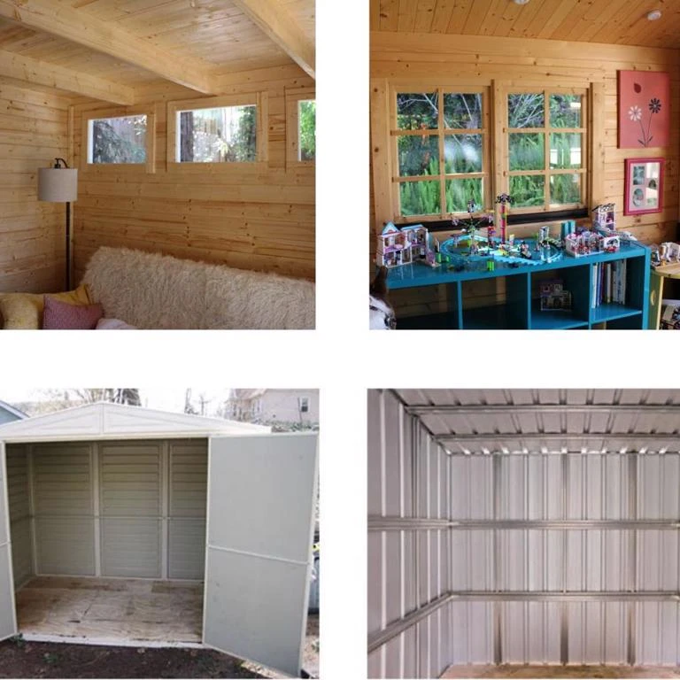 Compare a finished wooden shed interior to metal and plastic sheds
