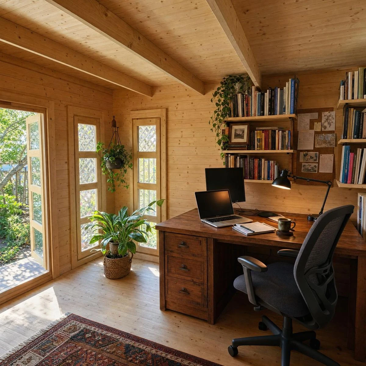Backyard office configuration of a California shed