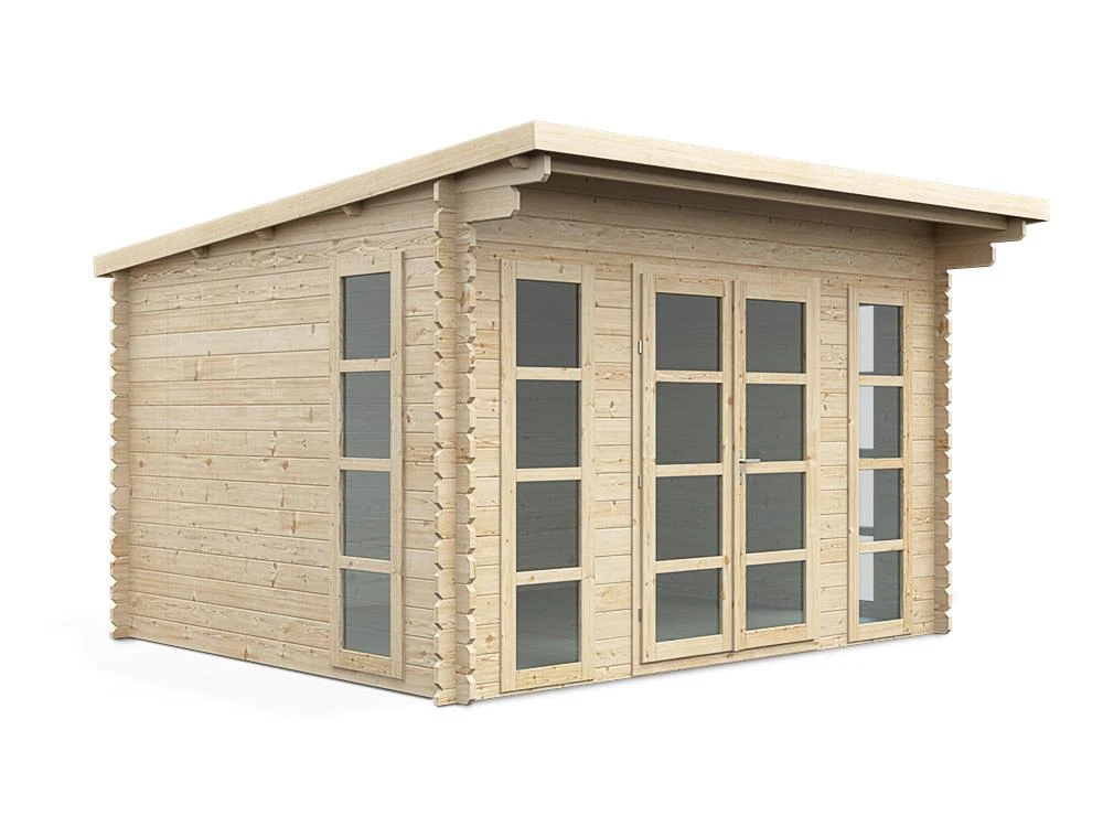California 13×11 wood shed kit — flat-roof modern with glass double doors, product view on white