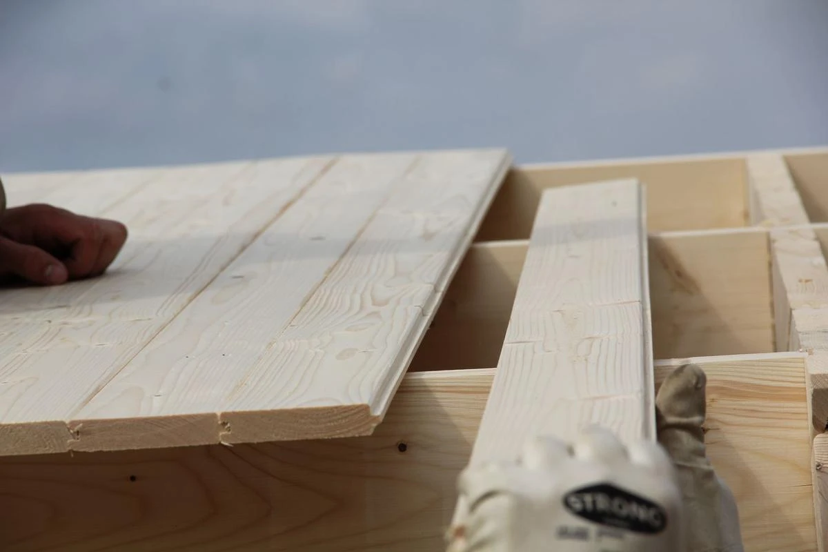 Close-up of tongue-and-groove planks being installed on a shed roof