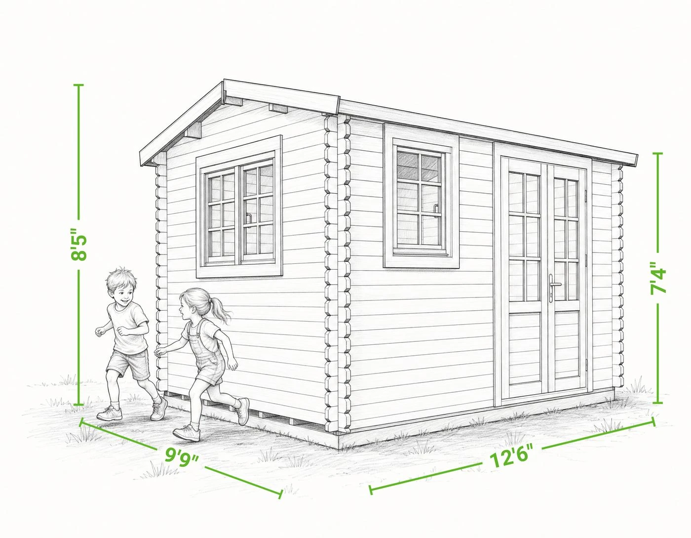 Aspen 12 x 10 garden shed | 103 sq ft — dimensioned drawing of the front and side, showing overall width, depth, wall height and height to the peak, with a person shown beside it for scale.