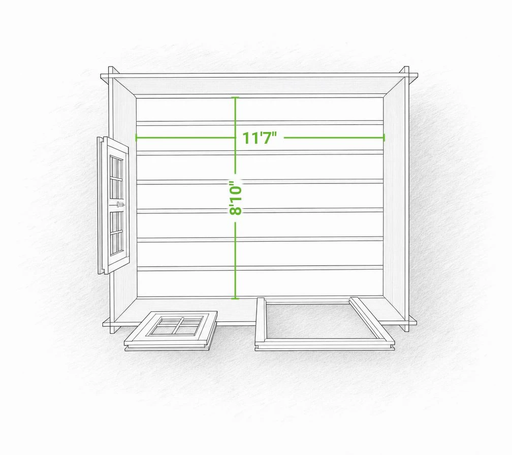 Aspen 12 x 10 garden shed | 103 sq ft — footprint drawing seen from above with the roof removed, giving the inside floor dimensions with the doors swung open.