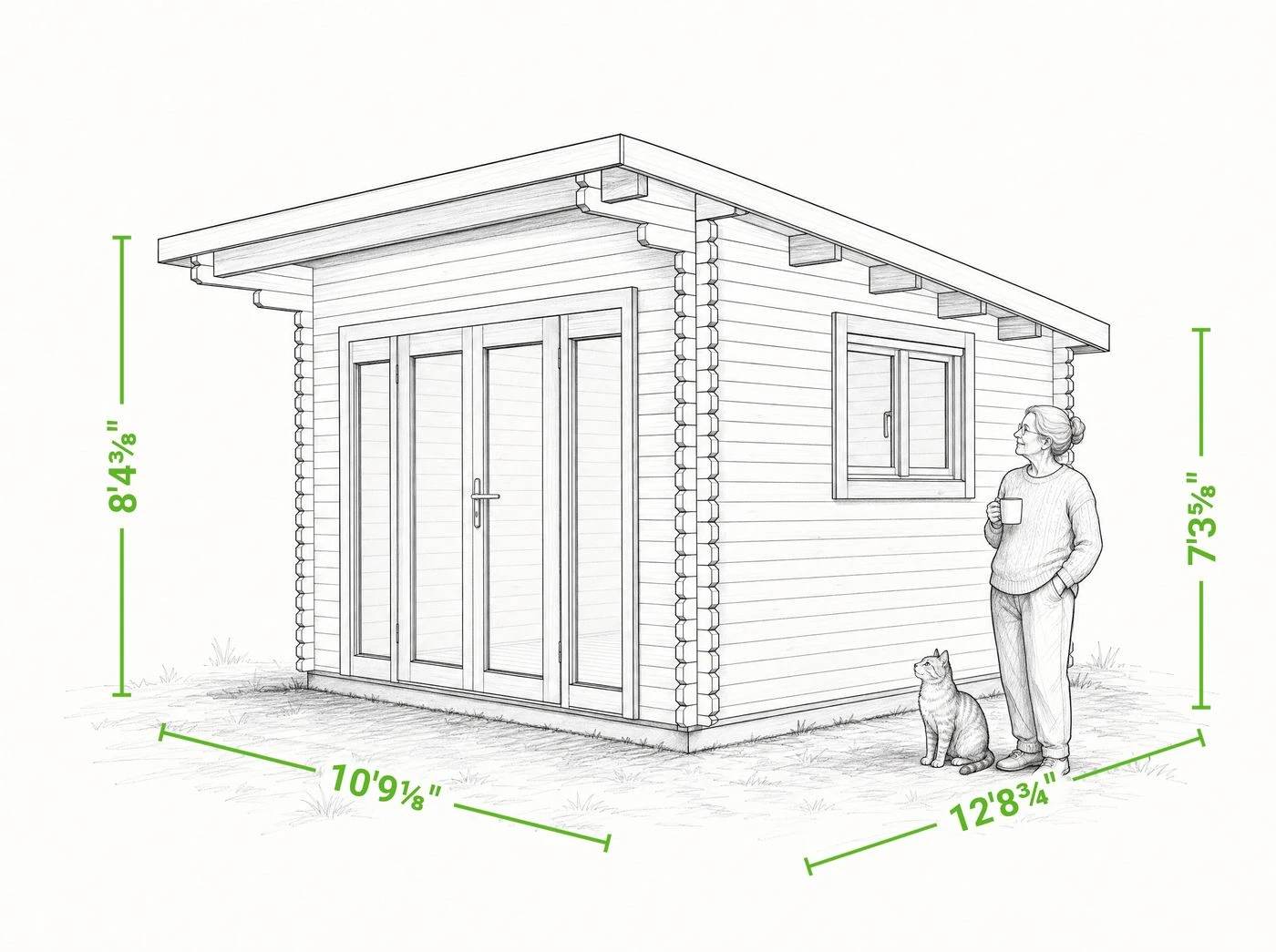 Astoria 11 x 13 modern shed | 117 sq ft — dimensioned drawing of the front and side, showing overall width, depth, wall height and height to the peak, with a person shown beside it for scale.