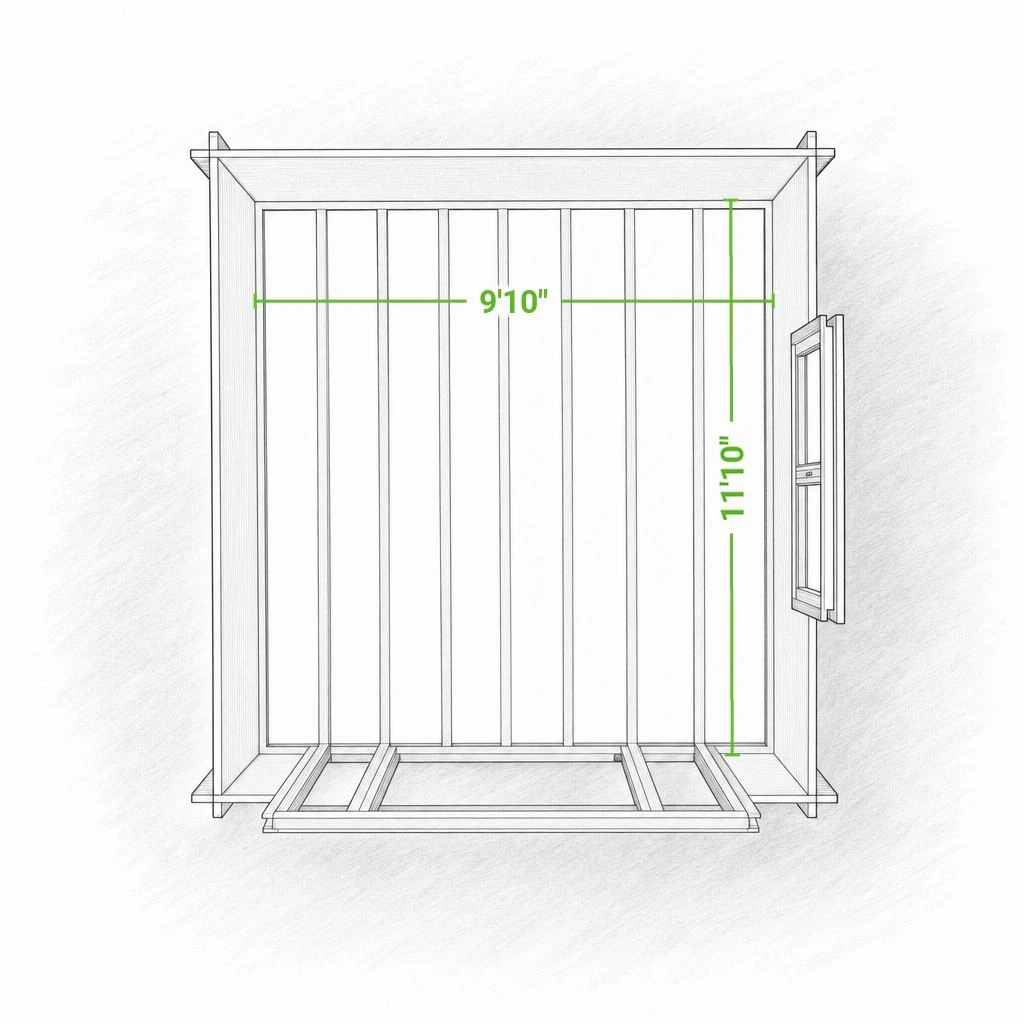 Astoria 11 x 13 modern shed | 117 sq ft — footprint drawing seen from above with the roof removed, giving the inside floor dimensions with the doors swung open.