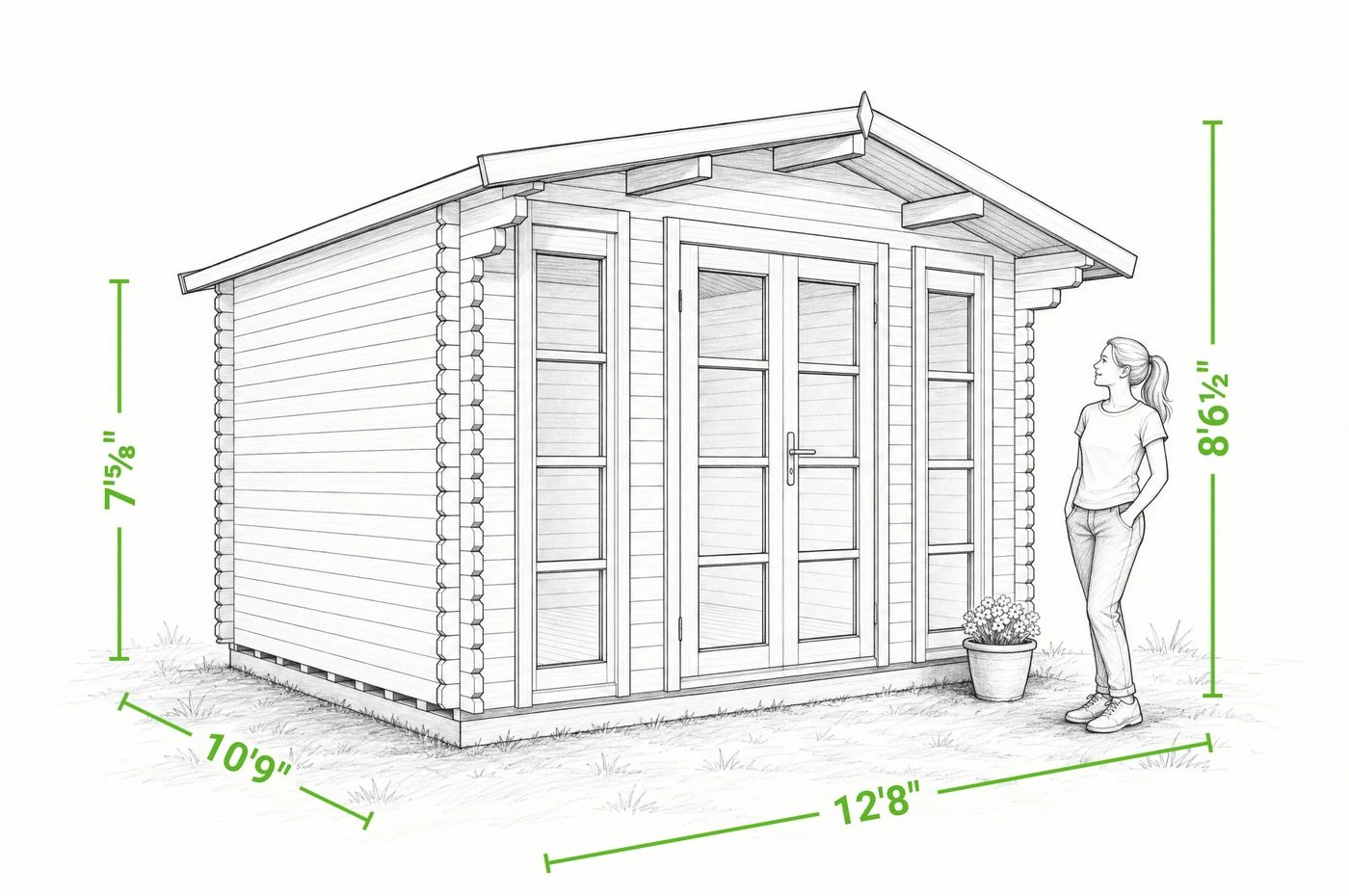 Bristhol 13 x 11 garden shed | 117 sq ft — dimensioned drawing of the front and side, showing overall width, depth, wall height and height to the peak, with a person shown beside it for scale.