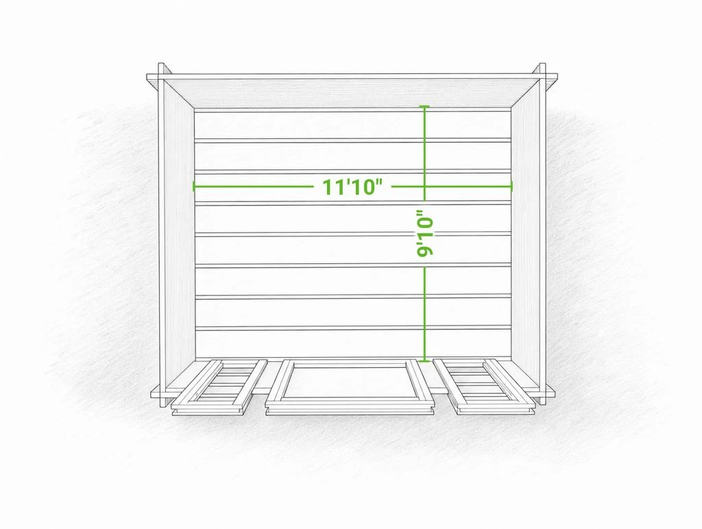 Bristhol 13 x 11 garden shed | 117 sq ft — footprint drawing seen from above with the roof removed, giving the inside floor dimensions with the doors swung open.