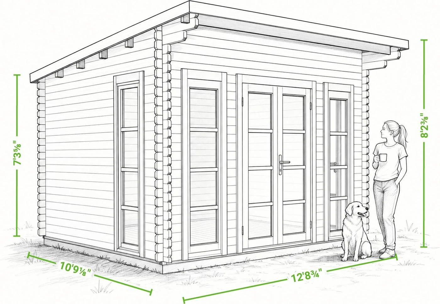California 13 x 11 modern shed | 117 sq ft — dimensioned drawing of the front and side, showing overall width, depth, wall height and height to the peak, with a person shown beside it for scale.